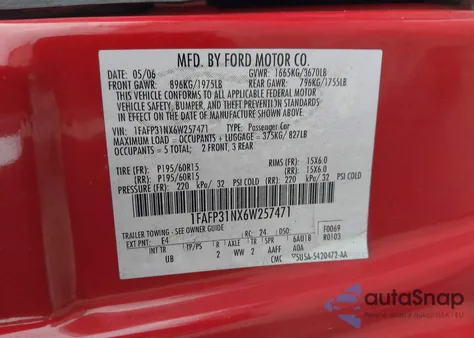 2006 Ford Focus Zx3 z USA, uszkodzony, nr VIN 1FAFP31NX6W257471